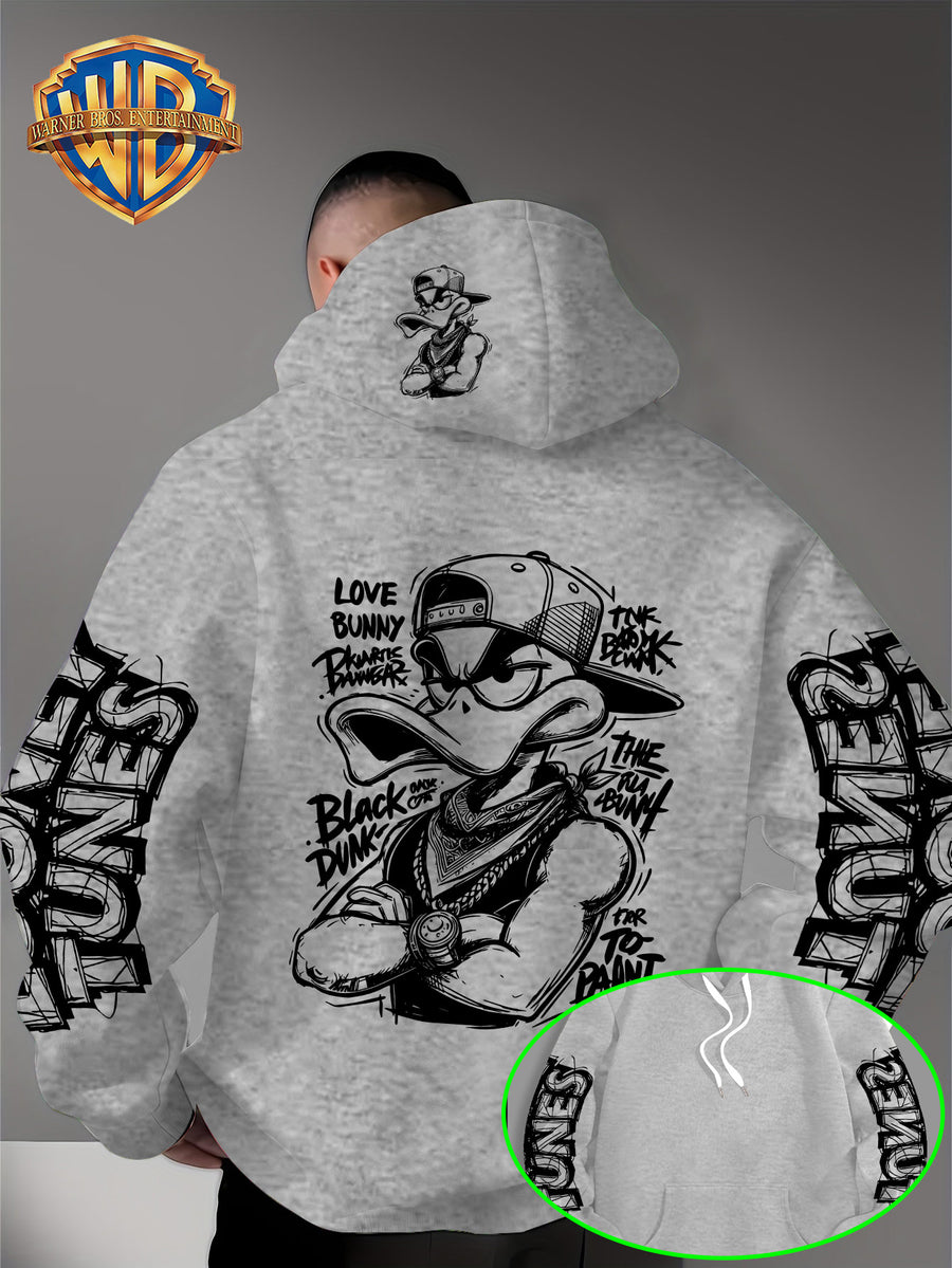 Dark Duffy Duck Pattern Print - Men'S Fashion Hoodie Sweatshirt, Trendy Sleeve Print Design, Suitable for Multi-Style Daily Wear Pullover, Soft And Delicate Touch, Helping You Be Comfortable And Stylish, Easily Mastered for Campus, Commuting - Light Grey