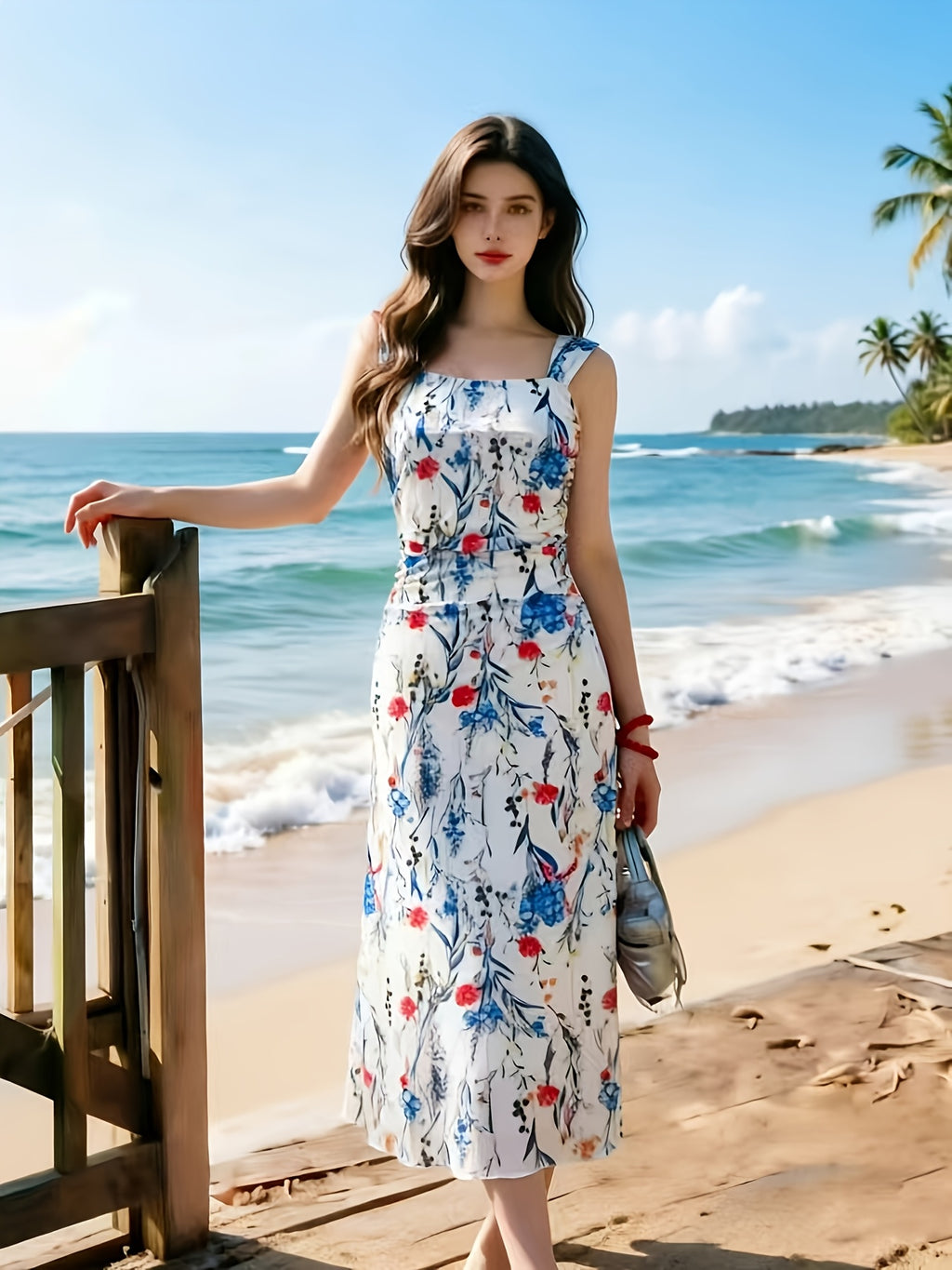 ASD1 2026 New Suspender Dress Women'S Summer Pleated Waist Temperament Mid-Length Dress, Mesh Dress, Gentle Style Fairy Dress. Retro Print Dress, Diverse Color Design, Gentle Vacation Style Long Skirt, French Romantic Style, Drape Mesh, Beach - Blue and pink flowers on white background