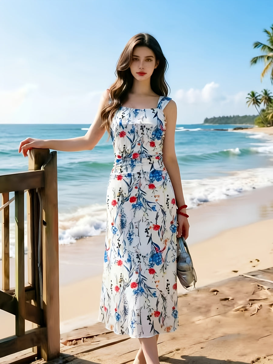 ASD1 2026 New Suspender Dress Women'S Summer Pleated Waist Temperament Mid-Length Dress, Mesh Dress, Gentle Style Fairy Dress. Retro Print Dress, Diverse Color Design, Gentle Vacation Style Long Skirt, French Romantic Style, Drape Mesh, Beach - Blue and pink flowers on white background