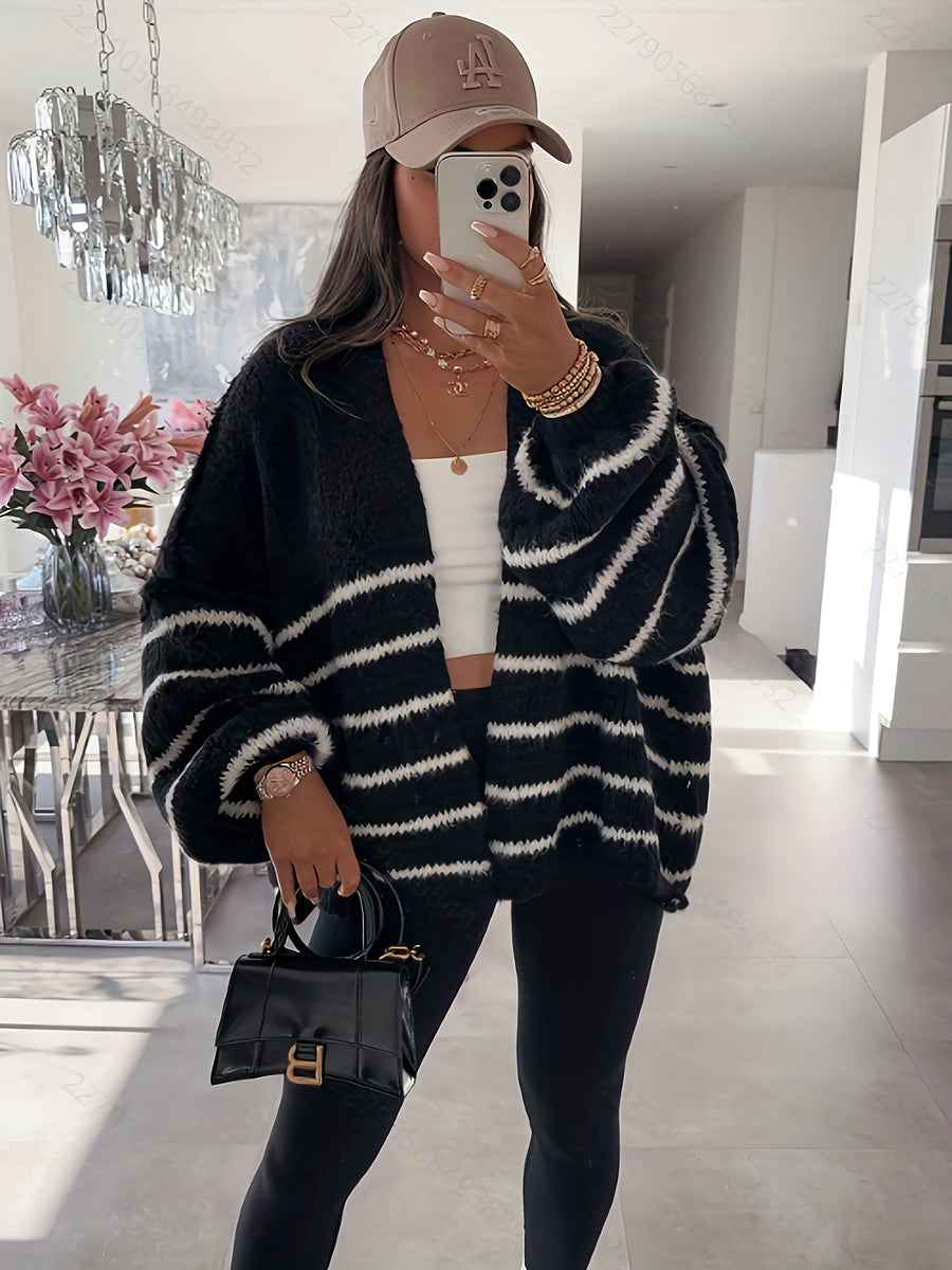 Autumn Winter Loose Lazy Style Soft Muted Contrast Black White Striped Casual Women'S Cardigan Coat - Black
