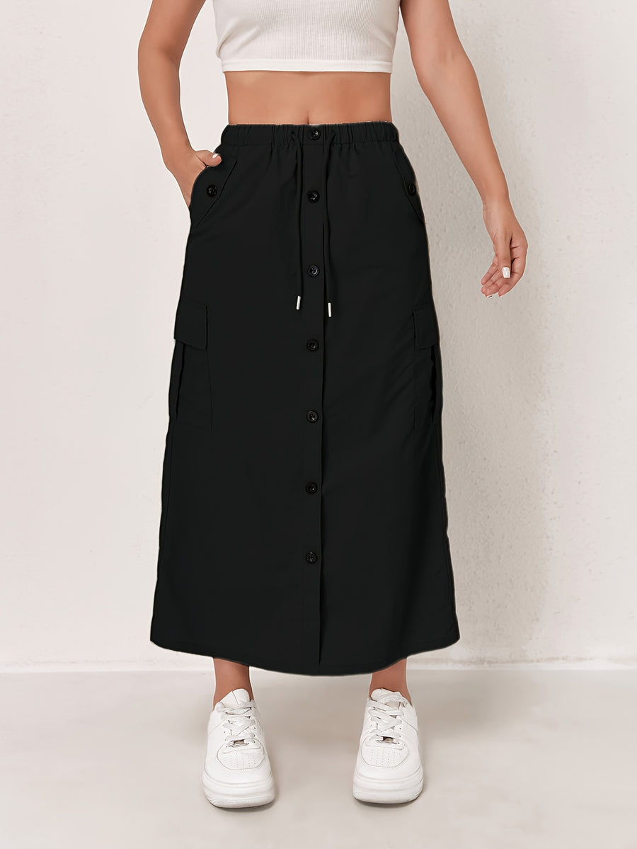 Outdoor Quick-Dry Cargo Skirt Button Design High-Waist Casual Women'S Half Skirt Multi-Pocket Machine Washable Mid-Length Dress - Black