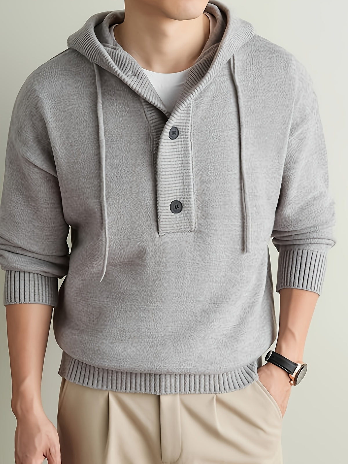 Men's Hooded Henley Neck Knit Sweater, 340GSM, 56.4% Polyester, 25.4% Nylon, 18.2% Acrylic, Half-Zip Drawstring Hooded Pullover, Anti-Pilling Warm Business Casual Long-Sleeve Knitwear - Light Grey