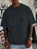 Washed and Distressed Pure Cotton Short-sleeve T-shirt with Trendy Double-sided Print Featuring Tai Chi, Zen, and Meditating Ink Wash Art. Available in 12 Colors for Mix-and-match Styling. Loose-fit Men's Top in High Street Y2K Style - Navy Color