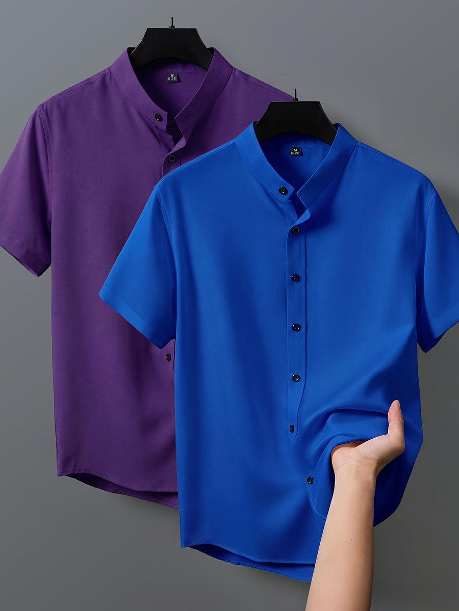 2pcs Men's Short-Sleeve Shirts, Henley/Stand-Up Collar Design, Summer Casual Outerwear - Style9