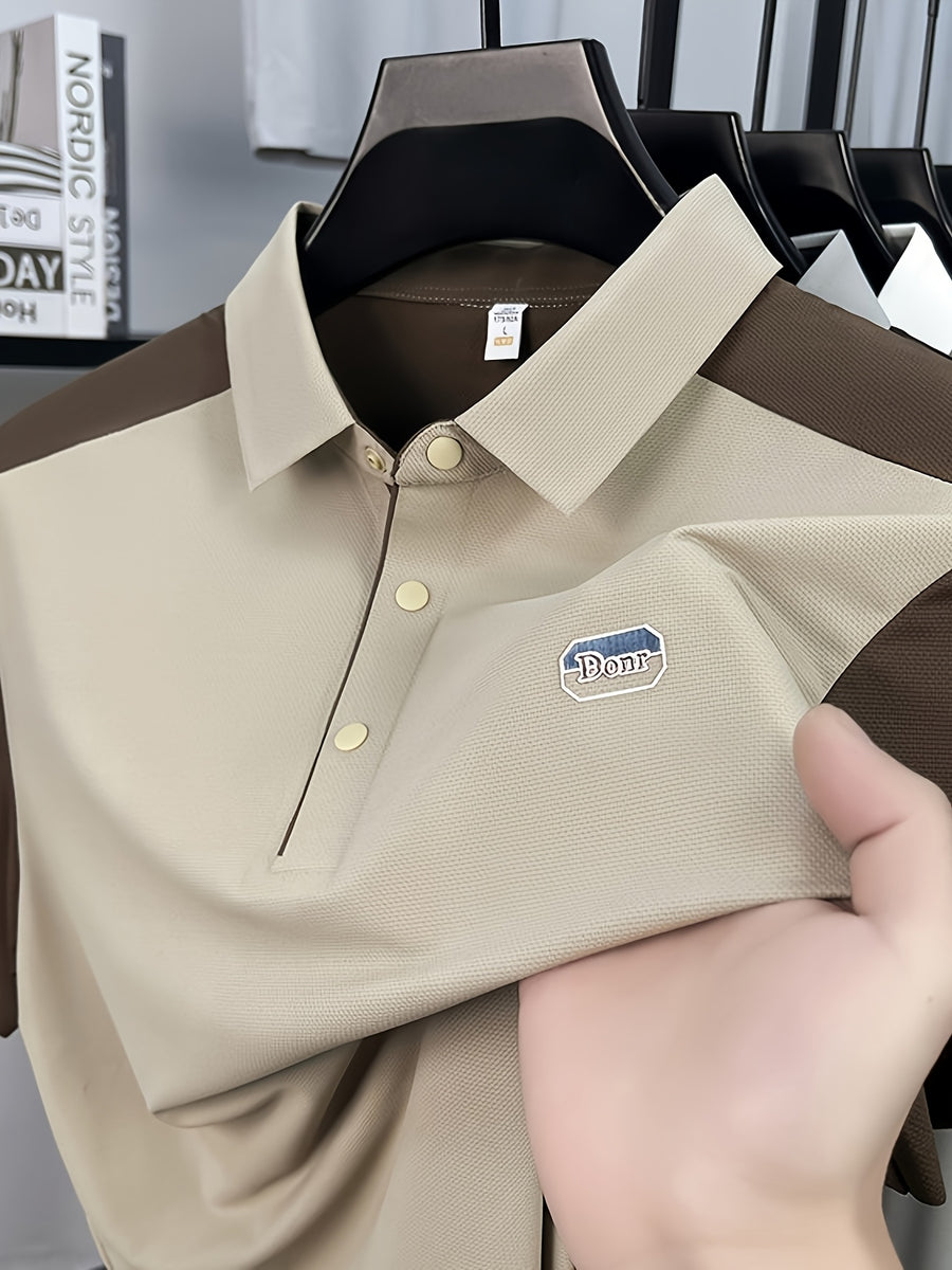 Men's Summer Lapel Polo Shirt - Contrast Color Short-Sleeve T-Shirt with Lapel Collar & Asymmetrical Hem, Breathable Business Casual Top Suitable for Work, Office, Semi-Formal Wear, Machine Washable Regular Fit - Apricot