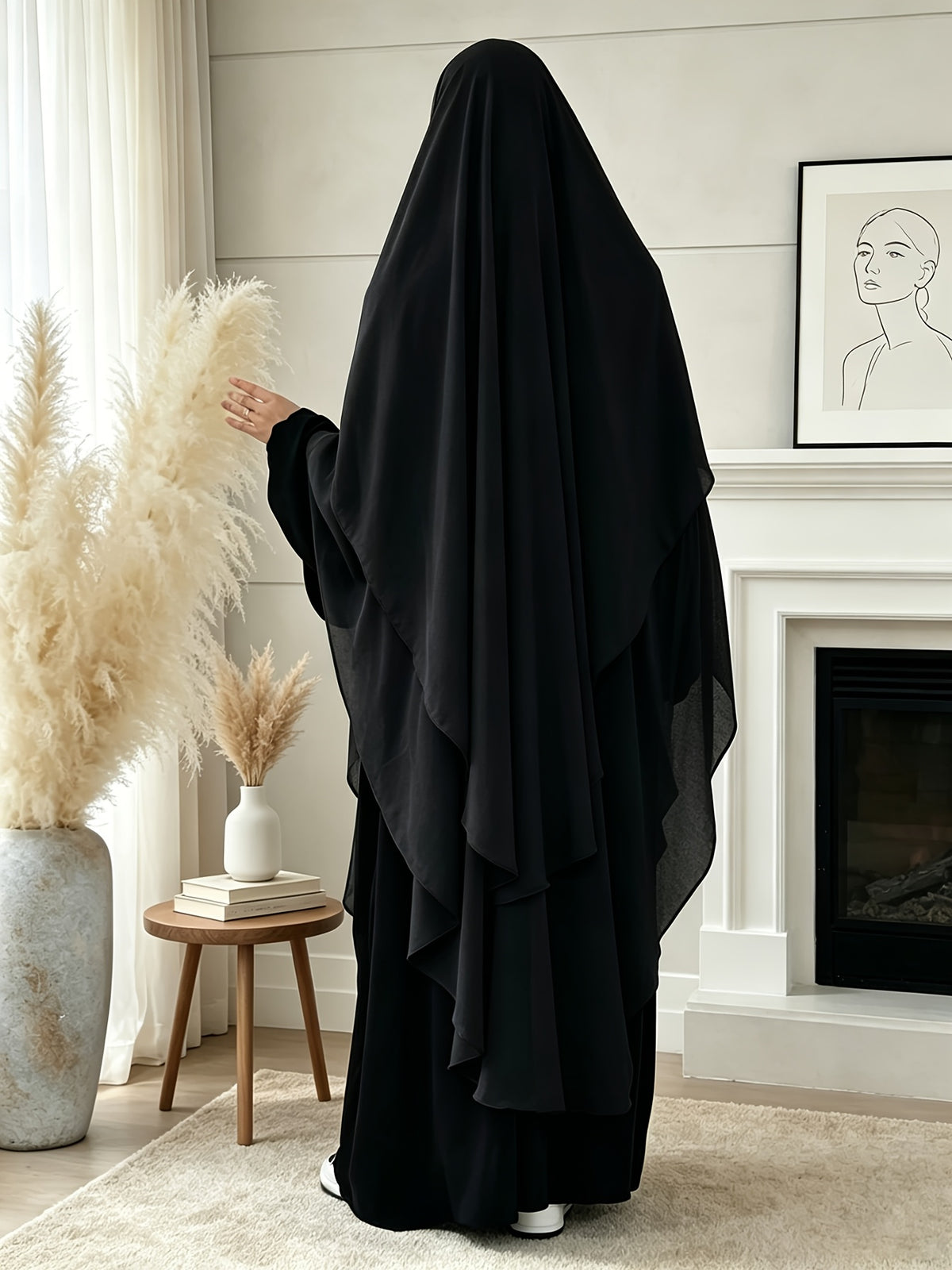 1pc High-Quality Pearl Chiffon Double-Layer Design Breathable And Private Kimmar Scarf Matching Any Abaya Women'S Daily Wear Prayer Use All Seasons - Black