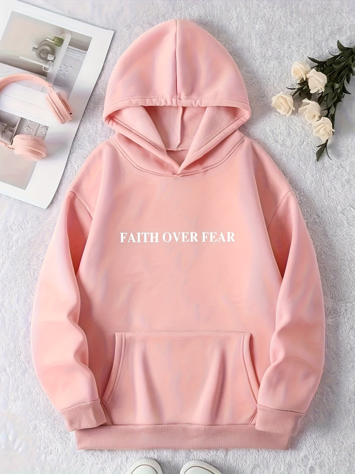 D92 - Women'S Letter Print Hoodie Sweatshirt, Fashion Casual Loose Pullover, Lightweight All-Season Machine Washable Top - DXL576 - Pink Color