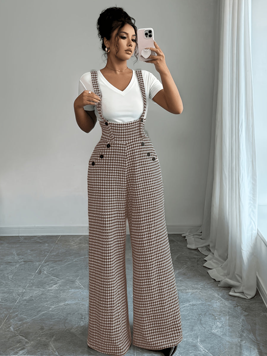 Elegant Women'S Houndstooth Camisole Straight Wide-Leg Suspender Pants, Retro Casual Overalls, All-Season Versatile for Fall And Winter - Khaki