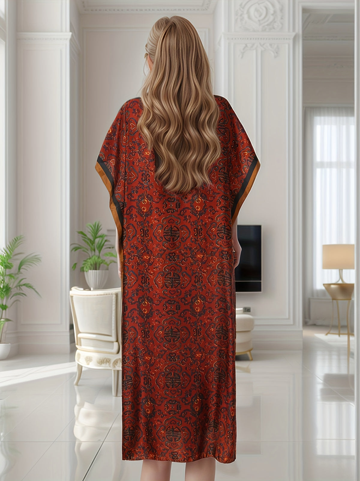 2pcs Set Middle Eastern Women's Printed Fashion Dress - Burgundy