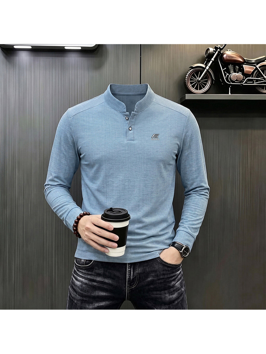 Men'S Henley Collar Vertical Stripe Stretch Long Sleeve T-Shirt - Gray Blue