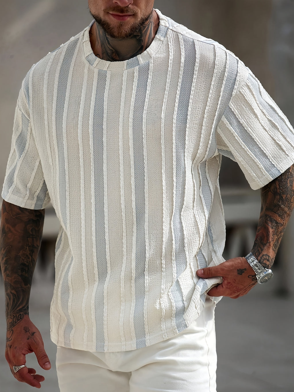 Men'S American Trendy Vertical Stripe Short Sleeve T-Shirt, Hollow Breathable Loose Drop Shoulder Round Neck Top, Summer Street Casual Wear - Blue