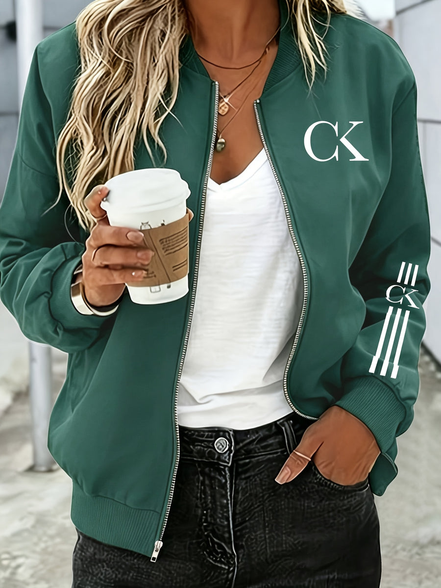 2026 Fashionable Individual Round Neck Design Women'S New Jacket Coat Carnival Letter Pattern Printed Top Casual Open Front Zippered Jacket, Circle - Pea Green Color