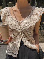 Korean Style Spring Summer New Women'S Sexy Low-Neck Round Neck Lace Trim Crochet Hollow Short Sleeve Sweater Hollow Short Sleeve Cardigan Top - Off-white