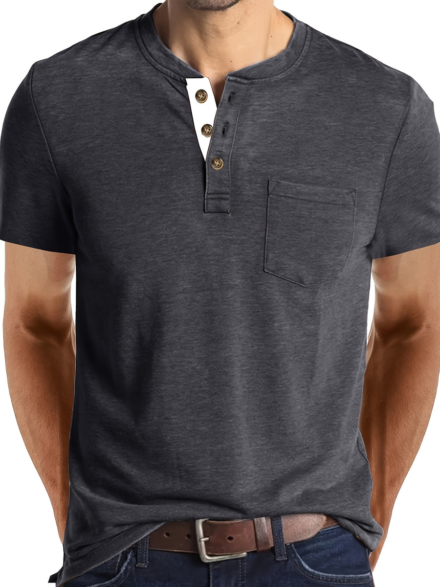 Men'S Summer Round Neck Short Sleeve T-Shirt Henley Shirt Pocket Top - Dark Gray