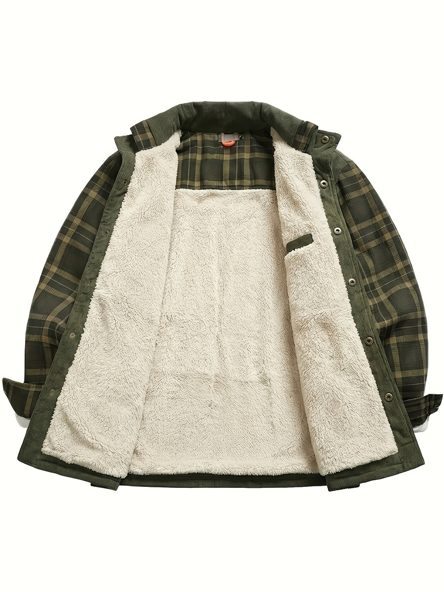 Men'S Casual Warm Fleece Lined Shirt Jacket, Chic Retro Plaid Long Sleeve Shirt for Fall Winter, Vintage, Regular Fit, Lapel, Daily - Green