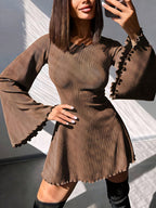 Fashionable Sexy Round-Neck Solid Color Flared Sleeve Back Cutout Tie-Belted A-Line Mini Dress, Suitable for Dates, Daily Gatherings, Holidays, And Everyday Wear - Coffee Brown