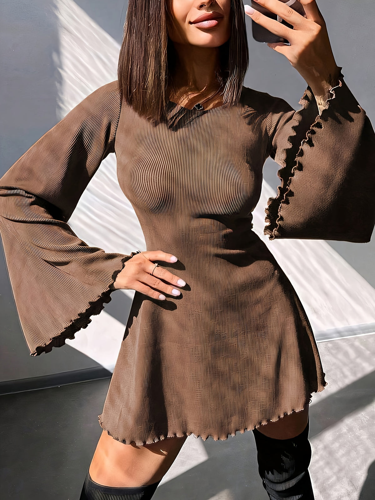 Fashionable Sexy Round-Neck Solid Color Flared Sleeve Back Cutout Tie-Belted A-Line Mini Dress, Suitable for Dates, Daily Gatherings, Holidays, And Everyday Wear - Coffee Brown