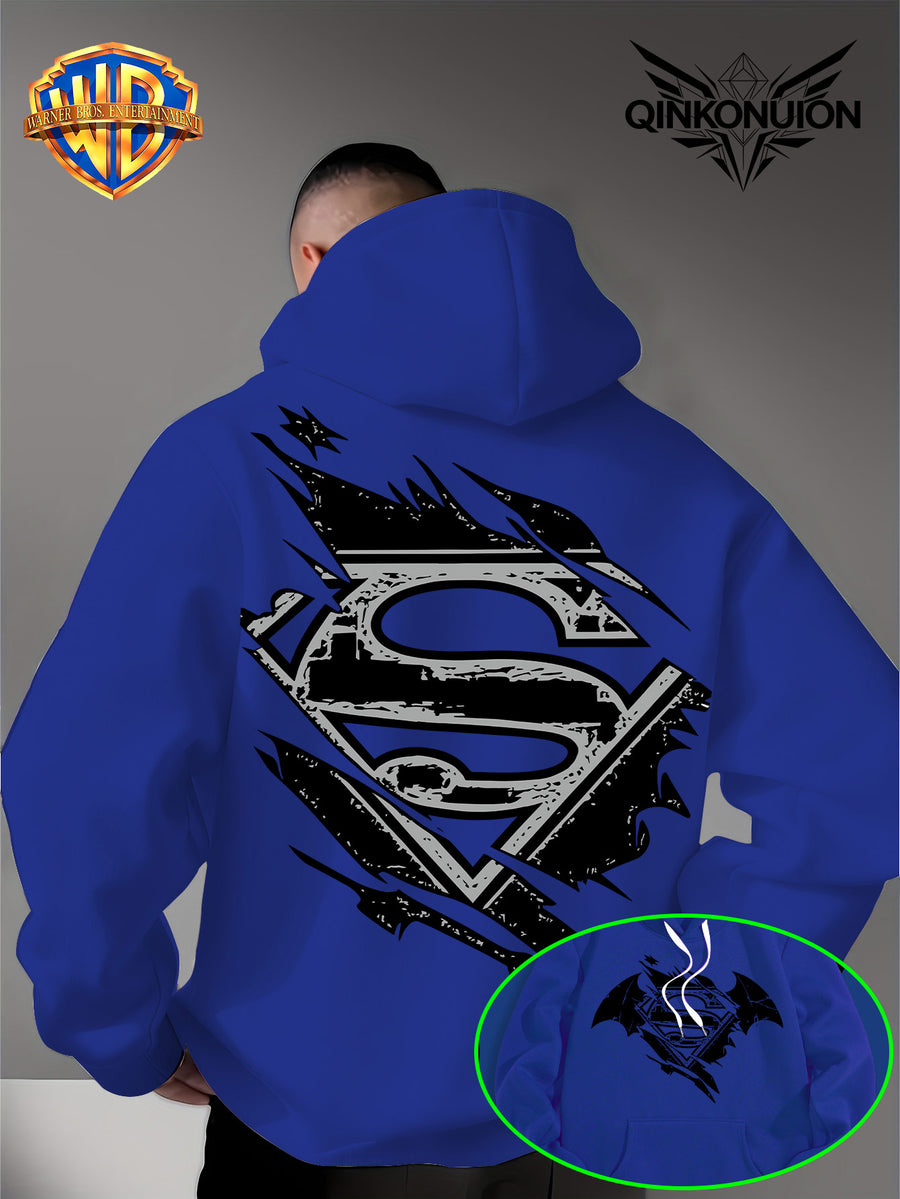 Warner Official Men's Hooded Sweatshirt, Black and White Distressed Batman Symbol Torn Wind Print Design, Machine Washable, Cozy and Comfortable Daily Drawstring Hooded Sweatshirt for Autumn and Winter, Versatile Sporty Casual Loose Fit - Blue