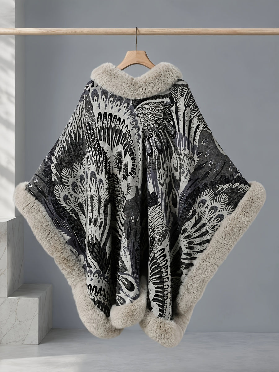Women's Faux Trim Cape Shawl, Pea Rooster Pattern Acrylic Poncho Wrap, Open Front Sleeveless Fall Winter Outerwear - Beige Color