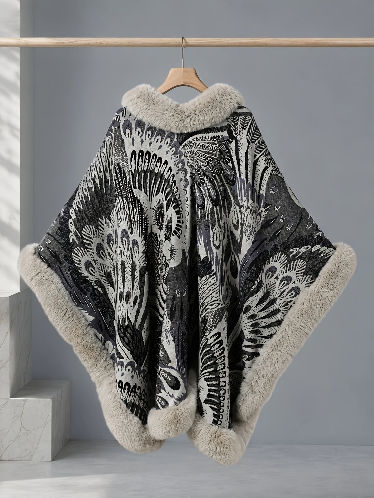 Women's Faux Trim Cape Shawl, Pea Rooster Pattern Acrylic Poncho Wrap, Open Front Sleeveless Fall Winter Outerwear - Beige Color
