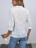 Elegant Floral Embroidered V-Neck Blouse for Women - Lightweight Semi-Sheer Long Sleeve Shirt, Machine Washable Spring Summer Fall Top, Versatile Casual to Formal Wear, Floral Print Blouse, Office Attire, Feminine Style, Delicate Embroidery, Sheer Top - White