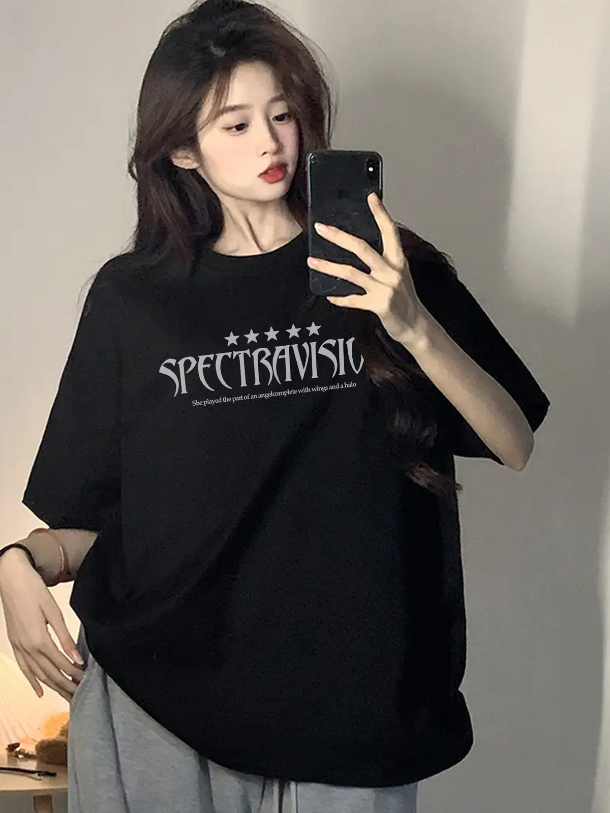 Women'S Black Angel Letter Print T-Shirt - Loose Fit, Casual Short Sleeve, Lightweight, Round Neck, Spring/Summer Essential - Black