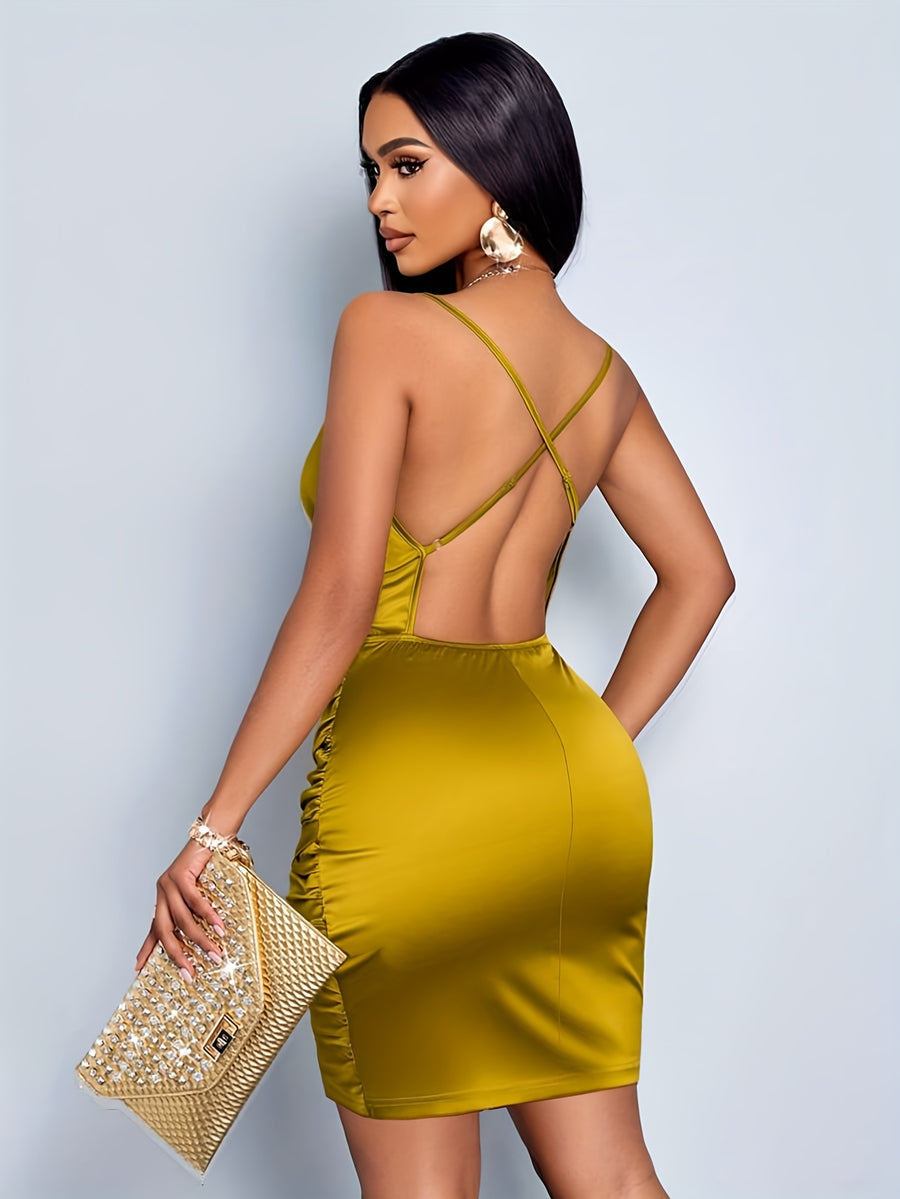 Women's Dress [V-Neck Sheath Dress] Elegant V-Neck Sleeveless Sheath Dress | Chic Solid Colour, Pleated Details, Ruffle Details, | for All Seasons, Sophisticated Style - ginger-colored