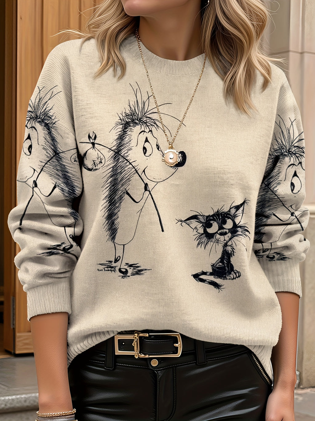 Women's All Over Printed Long Sleeve Universal Crew Neck Lightweight Sweater, Trendy Wear, Ultra HD Cartoon Hedgehog And Cat Pattern, Perfect for Casual Elegance Style Outfits - Suitable for All Seasons - Multicolor