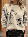 Women's All Over Printed Long Sleeve Universal Crew Neck Lightweight Sweater, Trendy Wear, Ultra HD Cartoon Hedgehog And Cat Pattern, Perfect for Casual Elegance Style Outfits - Suitable for All Seasons - Multicolor