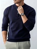 Fall Winter Men'S Half-Zipper Stand-Collar Knit Pullover, Classic Long Sleeve Fit for Casual Social Wear, Daily Commute, Light Business Meeting, Casual Gathering - Navy Color