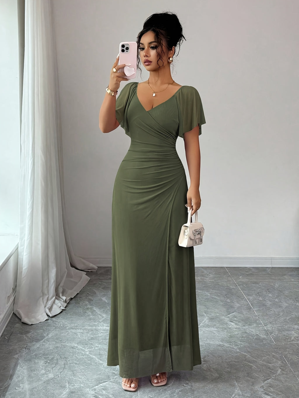 Women'S Solid Color V-Neck Ruffled Mesh Panel Waist Slit Dress, Elegant Bridesmaid Gown, Party Dress, Spring/Summer Style - Army Green