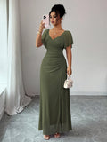 Women'S Solid Color V-Neck Ruffled Mesh Panel Waist Slit Dress, Elegant Bridesmaid Gown, Party Dress, Spring/Summer Style - Army Green