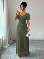 Women'S Solid Color V-Neck Ruffled Mesh Panel Waist Slit Dress, Elegant Bridesmaid Gown, Party Dress, Spring/Summer Style - Army Green