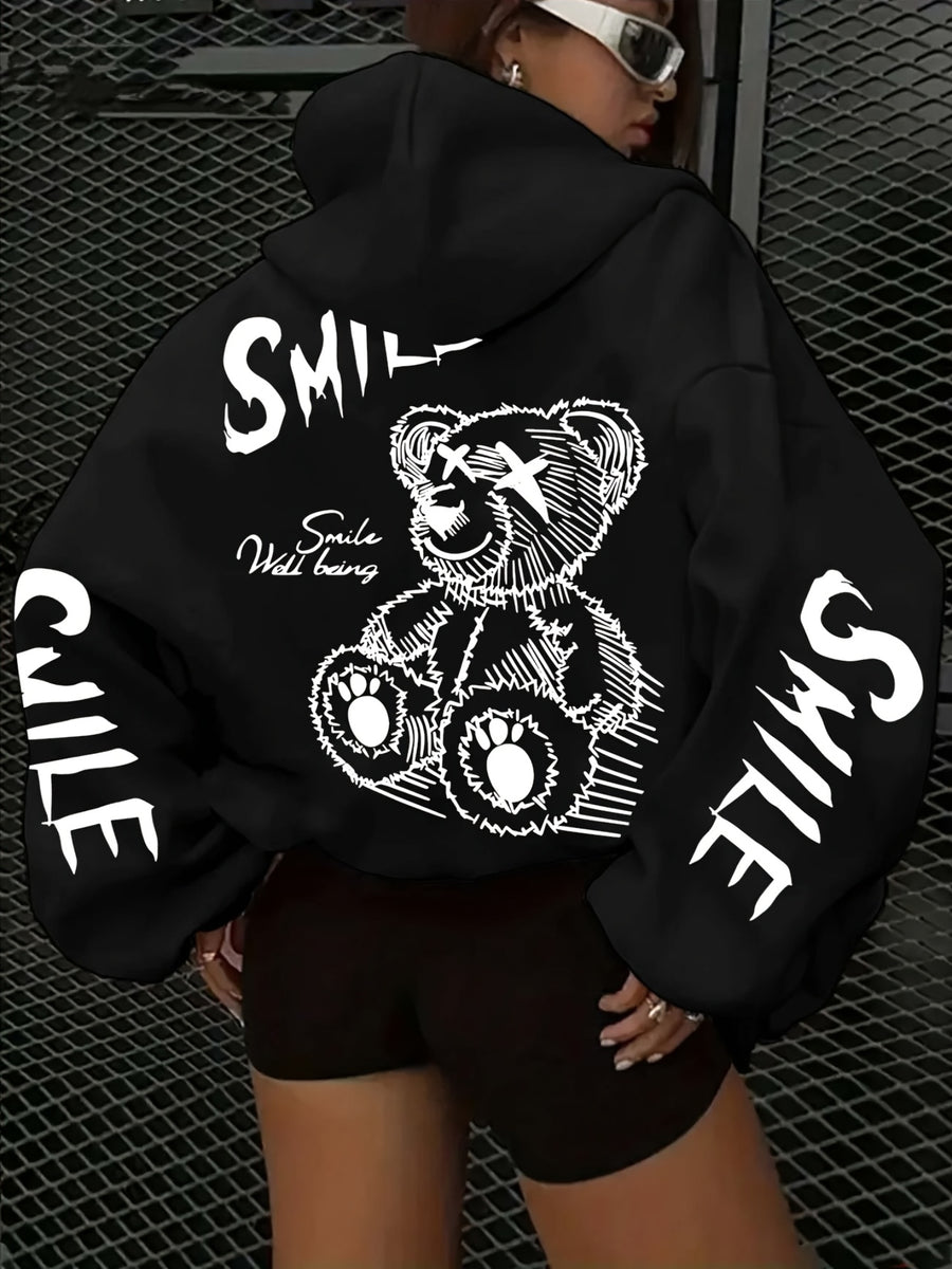 Fashionable Cartoon Streetwear Oversized Hoodie for Women, Perfect for The Autumn And Winter Vibe. Features a Couple'S Design with a Bear Graffiti Print on The Back And Sleeves, Versatile And Flattering Pullover Hoodie, Machine Washable - Black