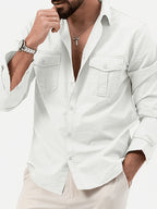 Men'S Multicolor Dress Shirt Multi-Pocket Casual Long Sleeve Top - White