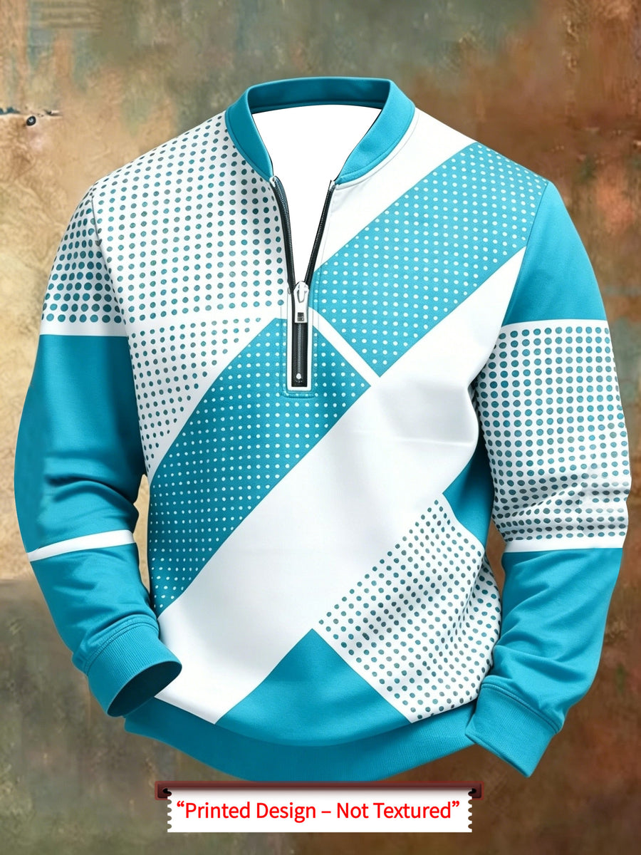 Men'S Autumn Winter Polo Zipper Sweatshirt, Classic Trendy New Half-Zip POLO Sweatshirt, American Retro Geometric Color-Block Print, Polo Stand Collar, Machine Washable, Daily Casual Party Outdoor Essential, Fashionable Long Sleeve Athletic Top - Mixed Color 8