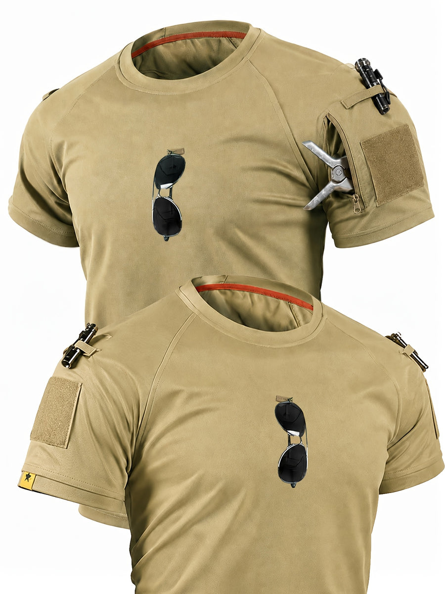 1pc Men'S Round Neck T-Shirt Outdoor Casual Quick-Dry Short Sleeve Top with Pocket And Hook-And-Loop Closure Breathable T-Shirt for Camping Hiking Fishing Running Sports Shirt, Additions Not Included - Khaki