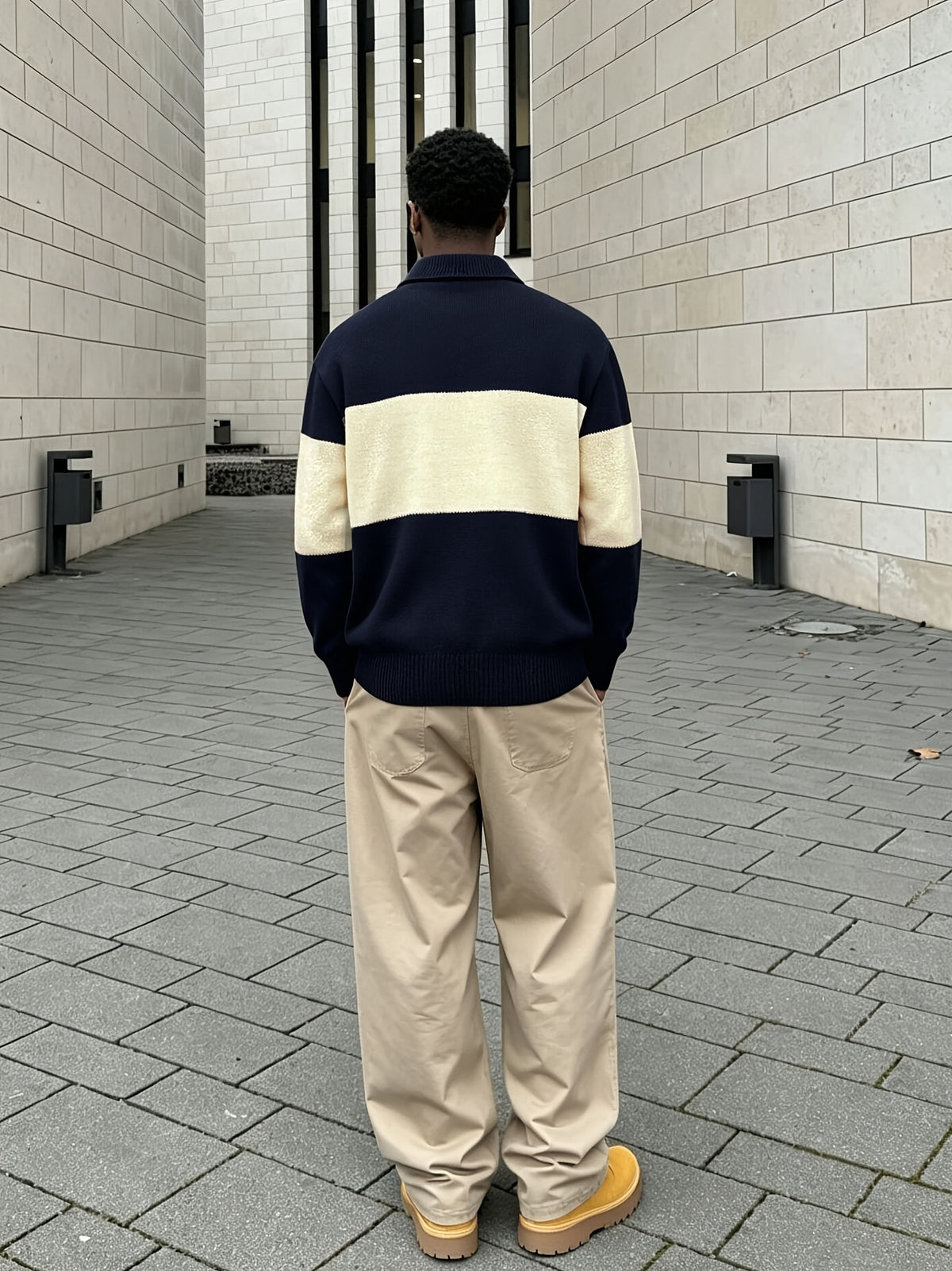 Autumn Winter Men'S Knit Sweater New American Color-Block Segmented Letter Jacquard Craft, Polo Neck Loose Drop Shoulder Long Sleeve Sweater, Casual Street Trendy Versatile Daily Party Wear - Navy Color