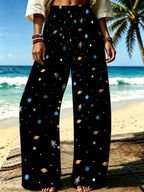 Women'S Casual Wide-Leg Pants, Planet Starry Sky Theme Print, Ideal for Women Who Cherish Romantic Ambiance, Suitable for Vacation Travel, Beach Strolls, And Casual Outings [Print Design - No Texture] - Mixed colors