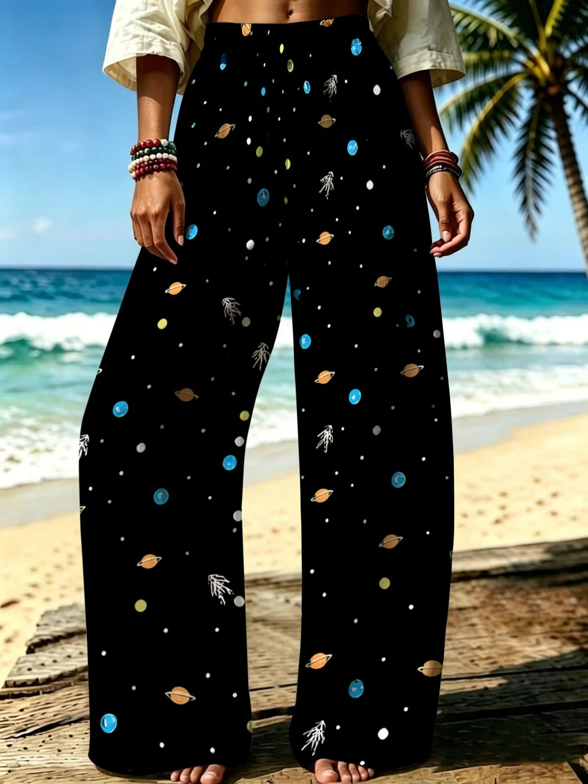 Women'S Casual Wide-Leg Pants, Planet Starry Sky Theme Print, Ideal for Women Who Cherish Romantic Ambiance, Suitable for Vacation Travel, Beach Strolls, And Casual Outings [Print Design - No Texture] - Mixed colors