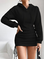 Youduomi Women's Vintage-Style European/American V-Neck Hooded Long-Sleeve Dress, Spicy Spring/Autumn Outerwear, Drawstring Gathered Waist, Slim-Fitting, Hip-Hugging Mini Dress Q148 - Black