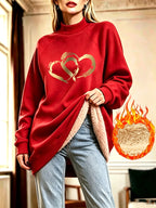 Light Luxury Golden Overlapping Heart Print Half-Turtleneck Long -Lined Sweatshirt for Women, Loose Fit Casual Sweatshirt Dress - Red