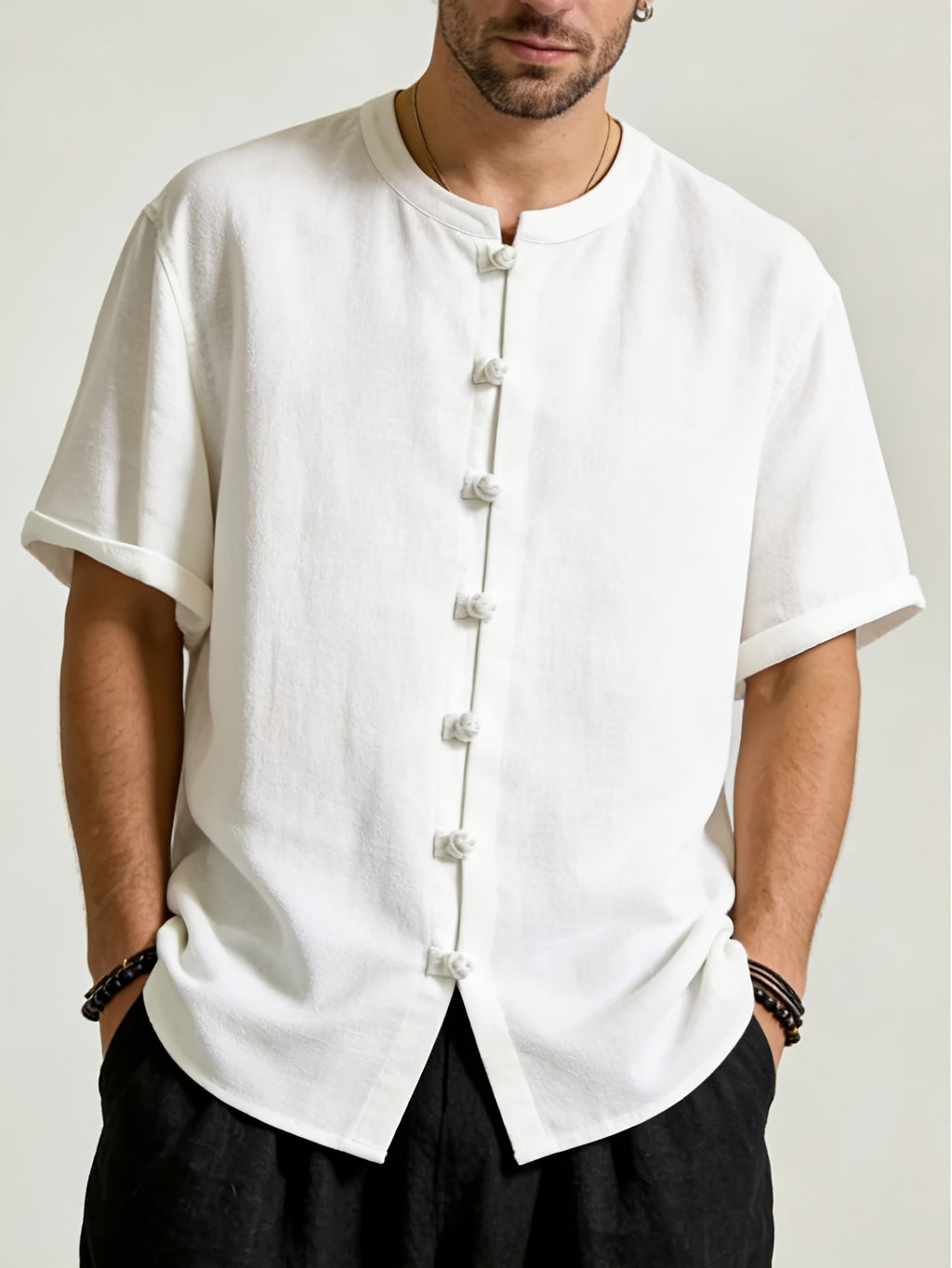 Men's Summer Loose Stand Collar Short Sleeve Shirt, Chinese Style Mandarin Button-Up Tang Suit, Vintage Style Chinese Casual Thin Shirt - White