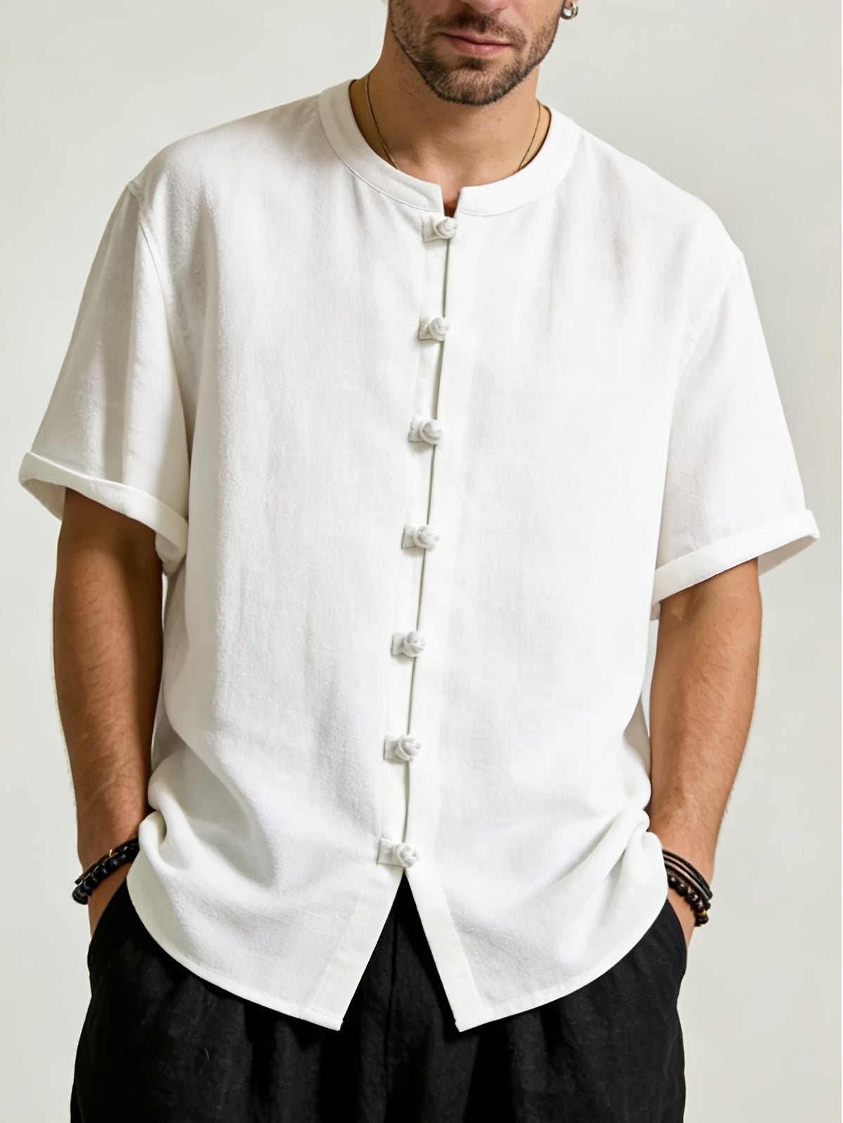 Men's Summer Loose Stand Collar Short Sleeve Shirt, Chinese Style Mandarin Button-Up Tang Suit, Vintage Style Chinese Casual Thin Shirt - White