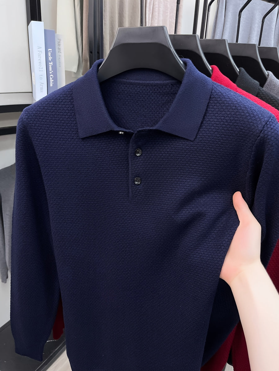 Autumn Men'S Long Sleeve T-Shirt Long Sleeve Pineapple Needle Lapel Business Casual Solid Color POLO Shirt - Navy