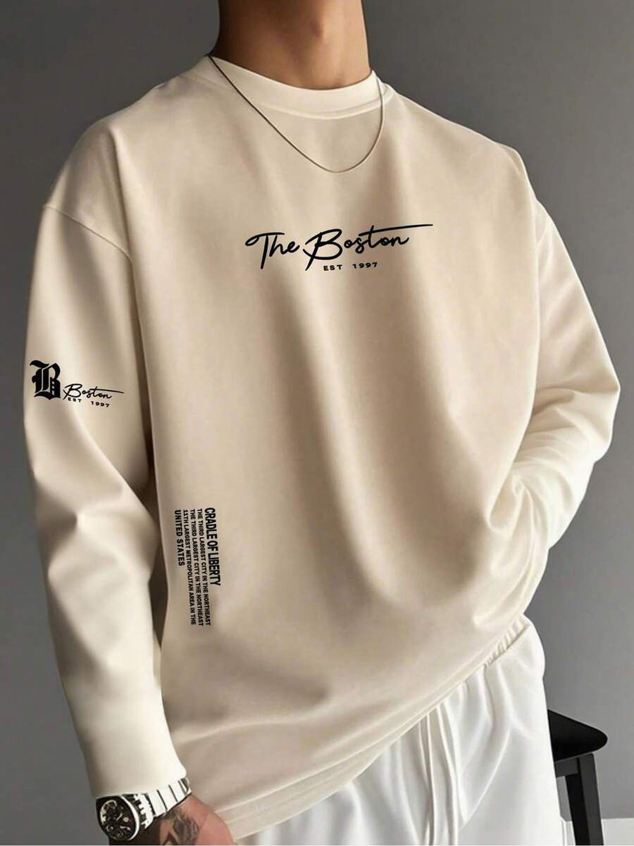 Men's Spring/Autumn Fashionable Versatile Simple Printed Casual Crew Neck Long Sleeve T-Shirt, Digital Print - No Texture - Mixed colors