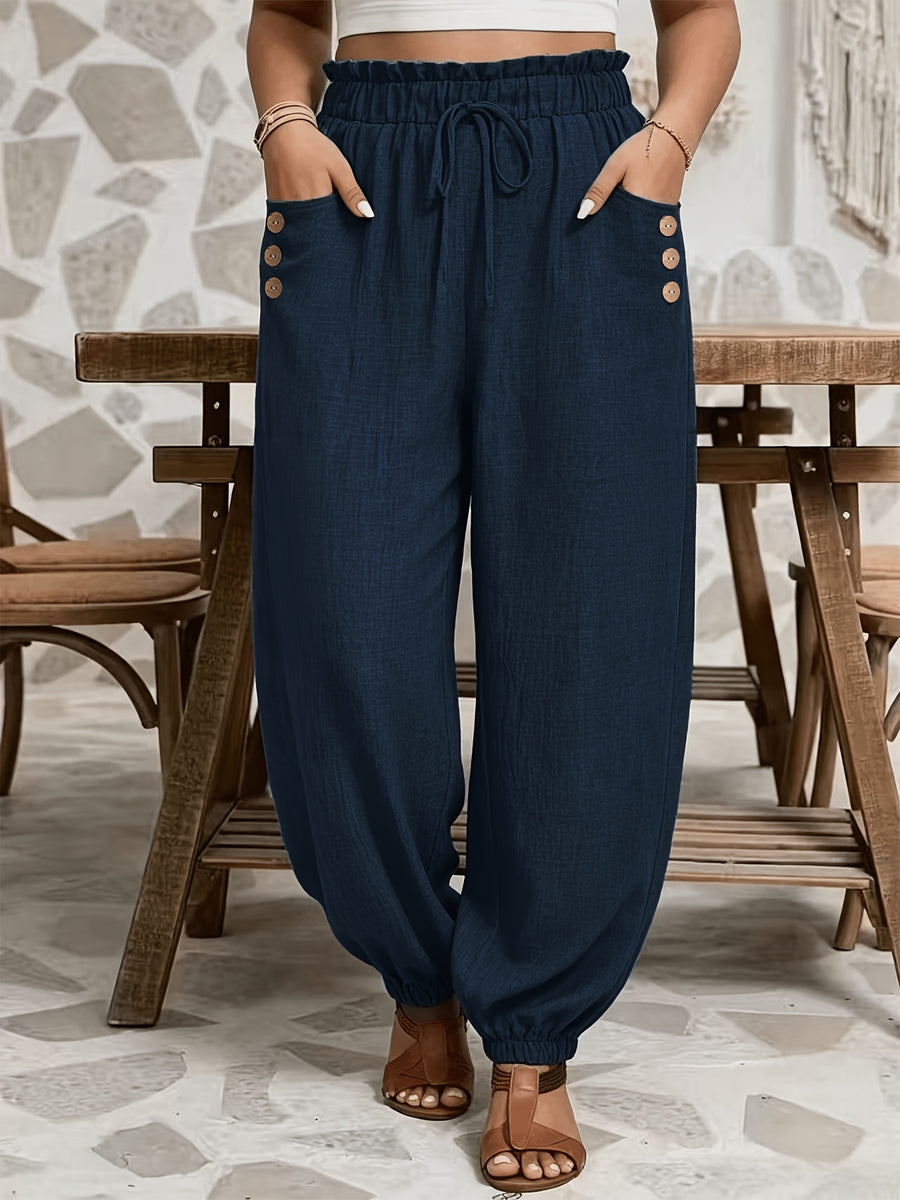 Plus Size - All Seasons Plus Size Beautiful Women'S Casual -Like Rubber High-Waist Scalloped Trim Tie-Pocket Women'S Long Pants, Casual Daily Versatile Vacation Holiday Style - Dark Blue