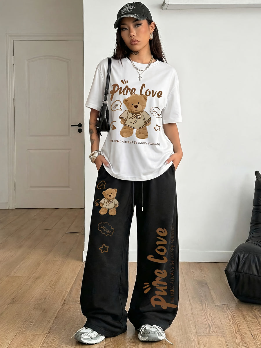 Women's 2-Piece Set: Spring/Summer Fun "Brown Bear" Heart and Letter Print Daily Y Casual T-Shirt with Drawstring Loose Straight-Leg Pants. Soft, Comfortable, Niche Hip-Hop Y2K Versatile Streetwear T-Shirt Set, Suitable for Summer Outings - White+black