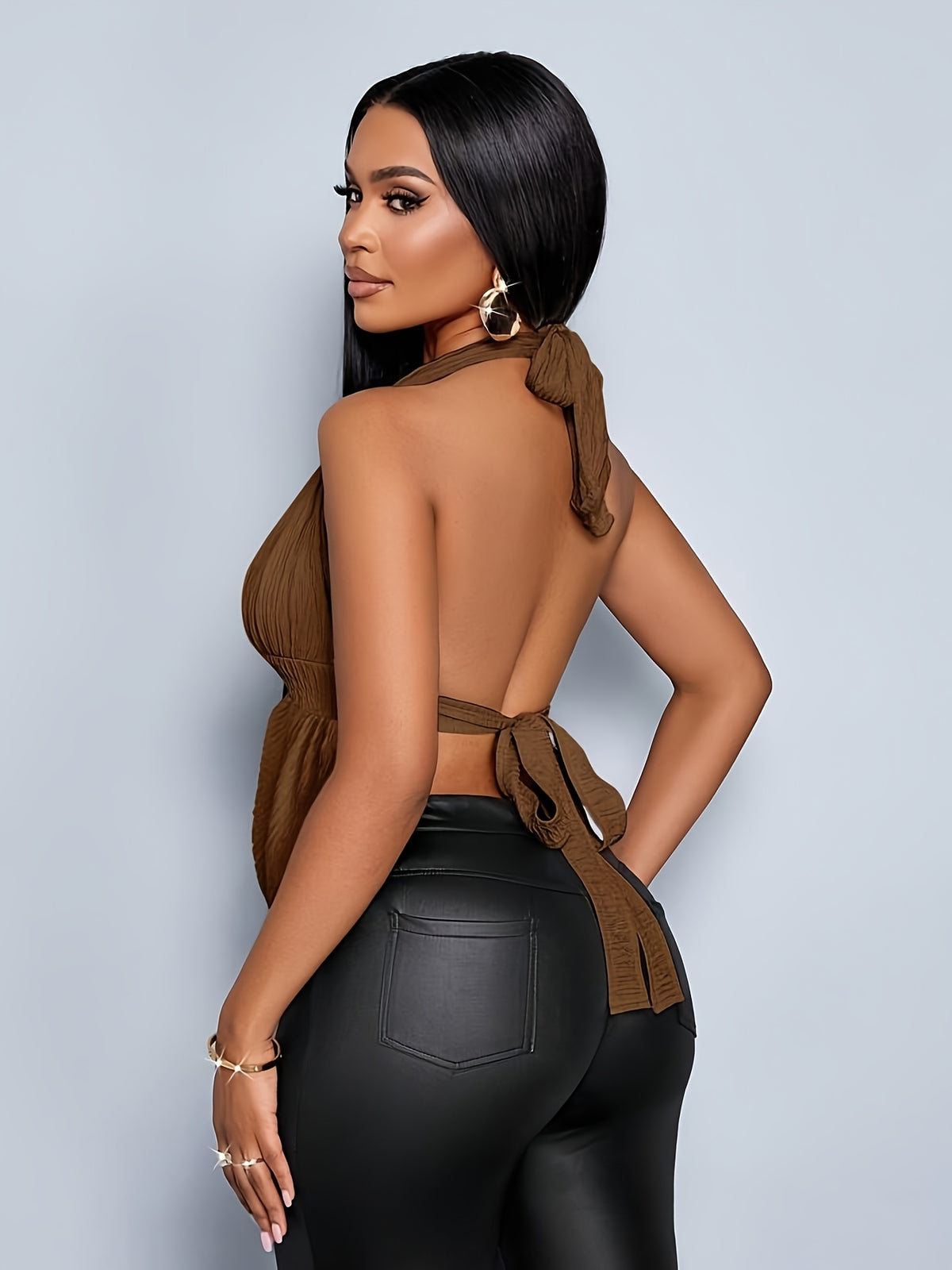 QD251211119 Summer Casual Vacation Gathering Party Golden Decorative Tie-Back Halter Neck Camisole and Tank Top for Women - Coffee Brown