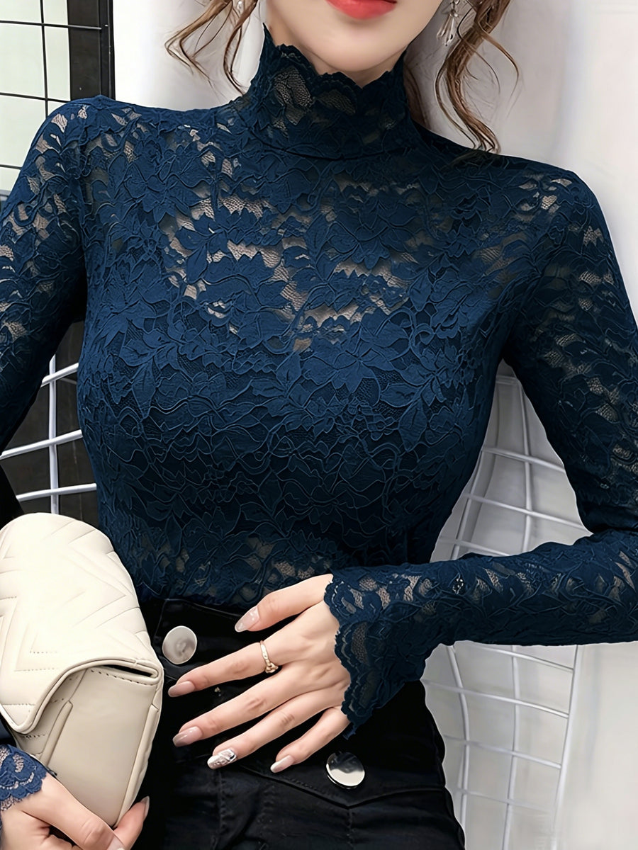 Lace Mock Neck Slim Top, Sexy Long Sleeve Top For Spring & Fall, Women's Clothing - Blue